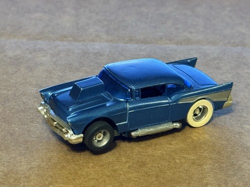 Tyco '57 Chevy Tilt Hood Blue with Silver #8542 Slot Car, Missing Right Sidepipe