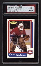 1986-87 OPC #53 PATRICK ROY ROOKIE CARD KSA 8 NEAR MINT-MINT. rookie card picture