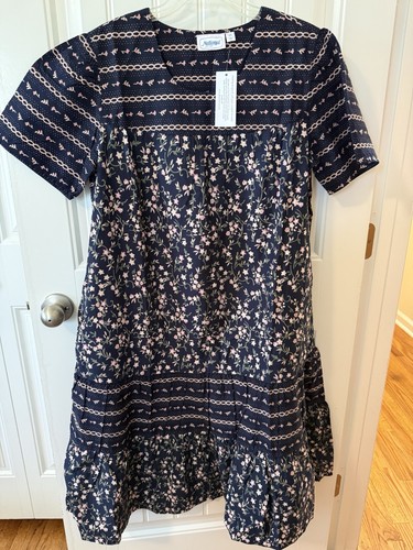National Navy Floral Square Neck Short Sleeve Tiered Ruffle Knee Dress M