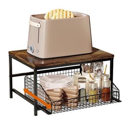 Pull Out Spice Rack Organizer for Cabinet,Rustic Wood Top with Wire Basket St...