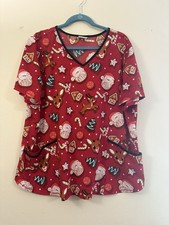 Rudolph the Red-Nosed Reindeer Santa Scrub V-Neck Top Women's 2xl Red pockets cl