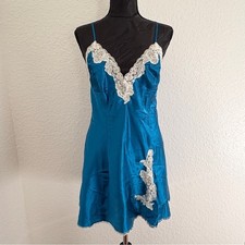 Frederick's of Hollywood Lace Trim Satin Chemise Womens L Teal Blue