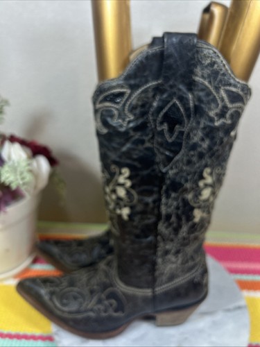 Botas occidentales Corral vintage de cuero envejecido negro con incrustaciones de lagarto para mujer EE. UU. 7M - Imagen 6 de 13