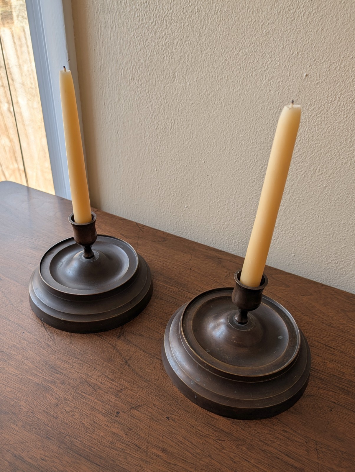 2 Antique Library Desk Candlestick Holders Authentic Brass /1800