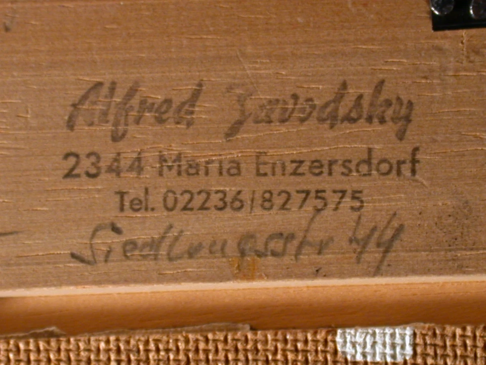 Alfred Zavodsky (1944 Maria Enzersdorf) Gehöft beim Flüsschen - Naiv. - Bild 2 von 4