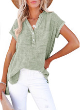 NEW Women Summer Casual Button V-Neck Short Sleeve Cotton Blouse Top, Fast Shipp