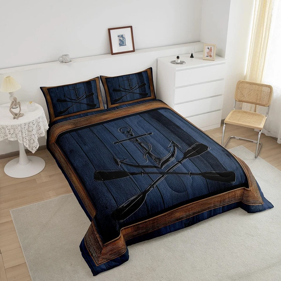 Lake Life Comforter Set Twin Size,Nautical Anchor Paddle Print Bedding Set fo... - Image 4 of 4