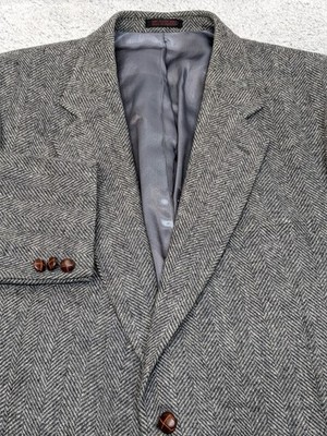 Vintage Irish Tweed Herringbone Blazer 43R Grey Wool Woolmark Preppy Retro Y2K