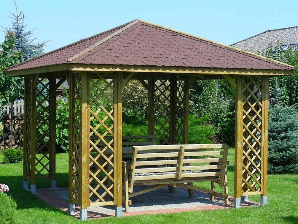 GARTENLAUBE HOLZ PAVILLON HOLZDACH 3m x 3m (äußer 3.45m) SCHINDELN !
