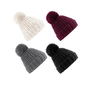 Lange Beanie mit Kunstfellbommel 3 Farben Mütze Mützen Wintermütze