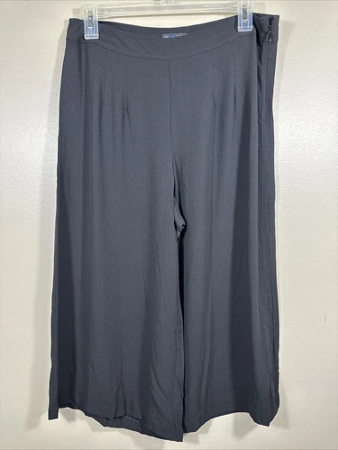EILEEN FISHER Pant Silk Georgette Wide Leg Ankle Trouser Side Zip Black Size 4