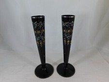 Vintage Pair Black Amethyst Bud Vases 8" Heavy Enamel Design Flowers