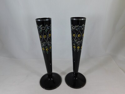 Vintage Pair Black Amethyst Bud Vases 8'' Heavy Enamel Design Flowers