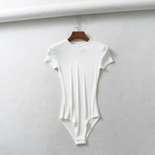 Women Lady Bodysuit Jumpsuit Leotard Top Elastic Stretch Soft Short Sleeve