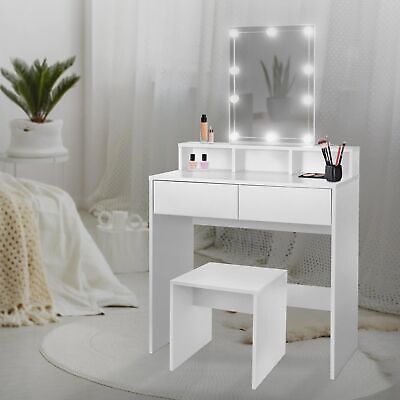 Set toeletta per trucco specchio LED con sedia tavolino make-up legno MDF  bianco