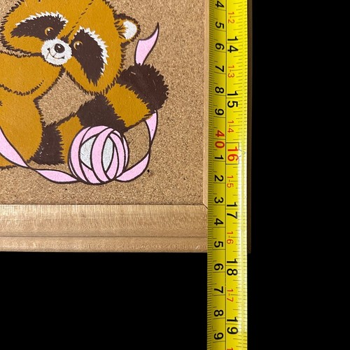 Vintage Cork Board 1970s Girl Raccoon Kite Kitschy Pink Polka Dot Retro Wall Art - Picture 13 of 14