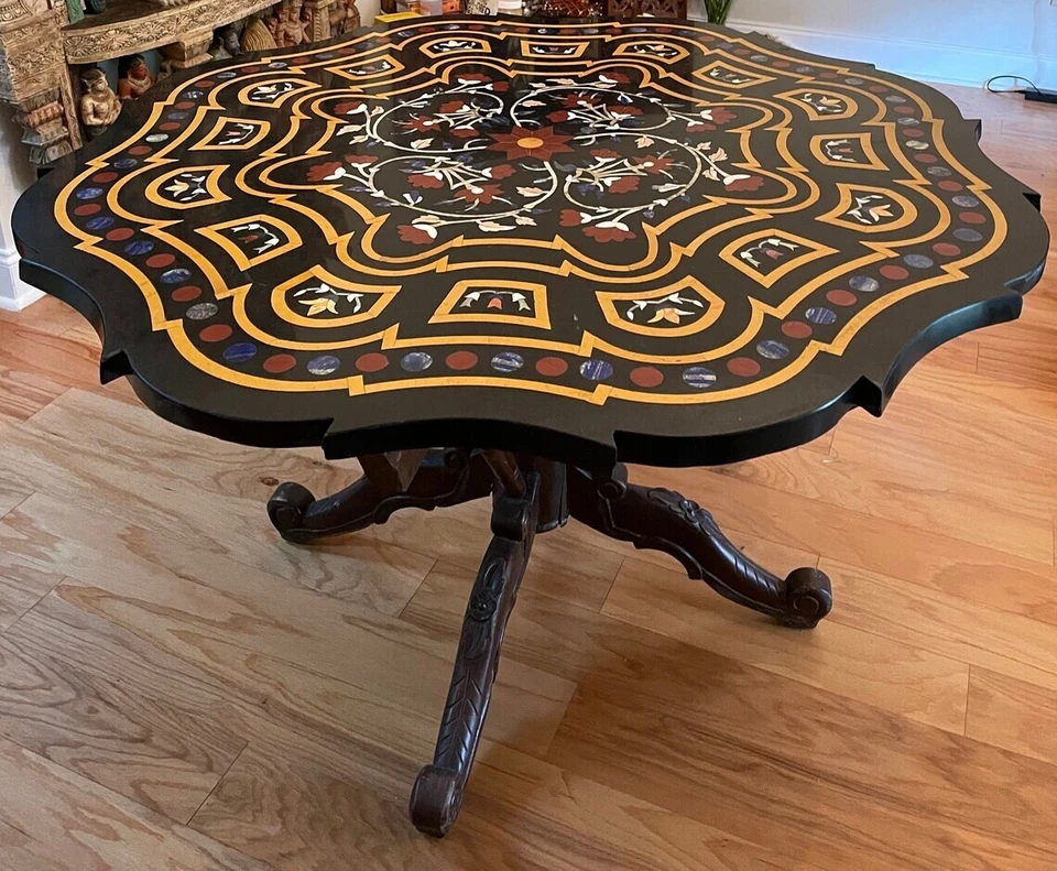 Vintage Inlaid Stone Black Marble Round Kitchen Table Home Decor Carved Table - Image 3 of 4