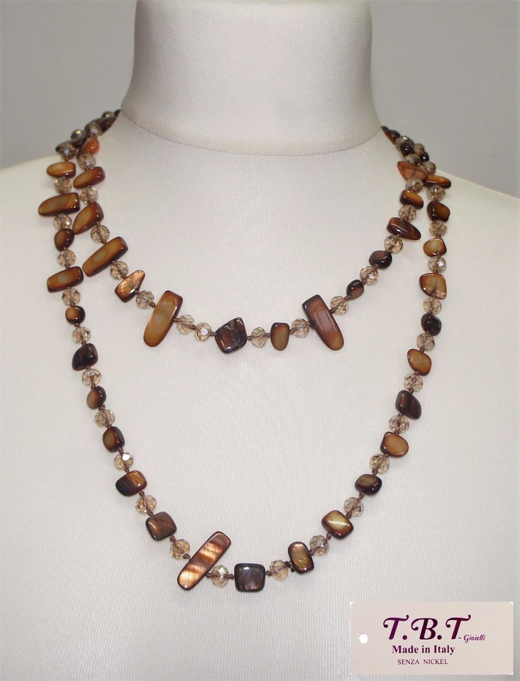 Collana Lunga Perle,Madreperla,Cristalli,Pietra Dura da Donna,Marrone Trasparent - Immagine 2 di 2