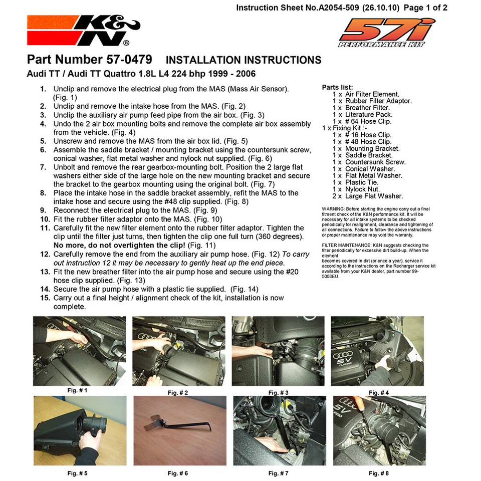 Kit de sistema de admisión de aire frío plástico rendimiento K&N 57-0479 para 99-06 Audi TT 1.8 Foto 2 de 4