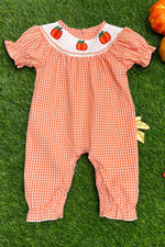 NEW GIRLS BOUTIQUE SMOCKED HALLOWEEN PUMPKIN ROMPER, 3-6, 6-12, 12-18 MOS.