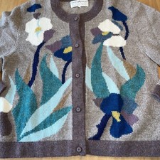 169 Peruvian Connection Floral Art Deco Bolivia Intarsia Cardigan Sweater VTG L