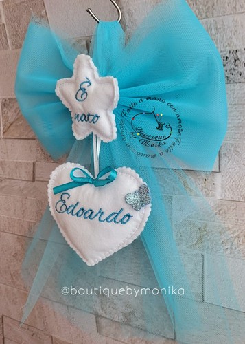 Fiocco nascita coccarda in tulle con il cuore Ricamato Personalizzato - Foto 5 di 14