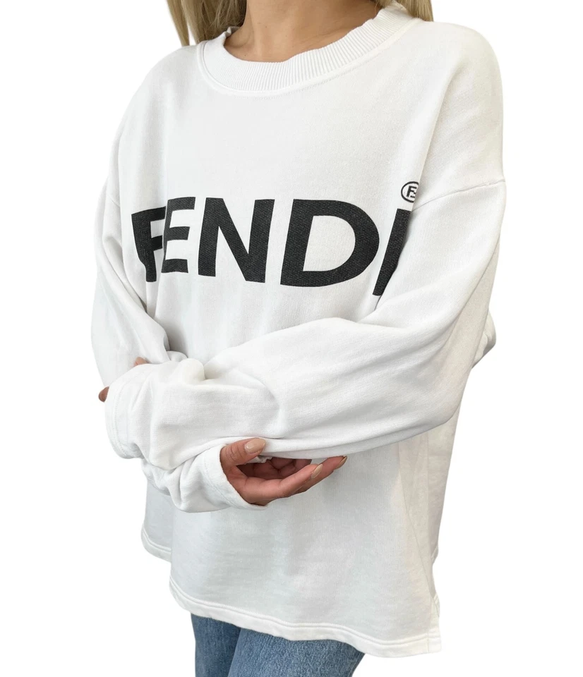 FENDI Vintage Big Logo Sweatshirt Top #40 White Cotton Pullover Long Sleeve - Image 2 of 4