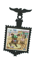 Enesco Japan Metal Ceramic Tile Trivet Cat on Rug Eagle on top of frame