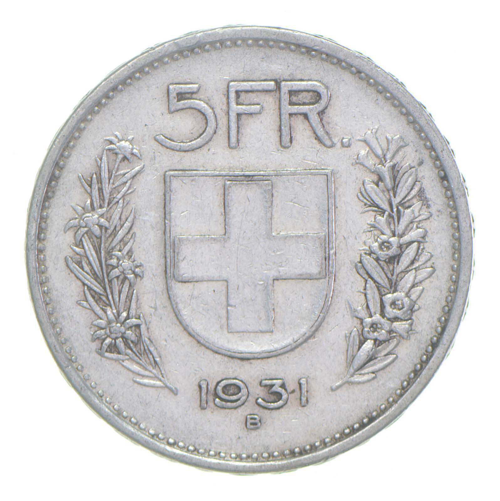 SILVER - WORLD Coin - 1931 Switzerland 5 Francs - World Silver C