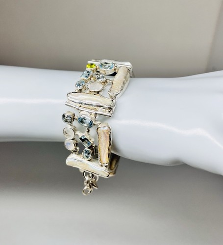 Vintage 925 Silver Cuff Bracelet Biwa Pearl Blue Topaz Peridot Quartz Boho 8.5” - Picture 4 of 14