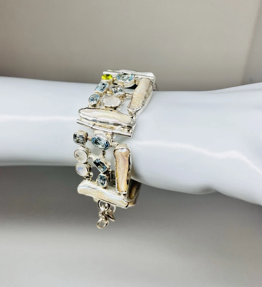 925 Sterling Silver Bracelet 8.5” Genuine Pearl Blue Topaz Peridot Quartz Gems - Image 4 of 4