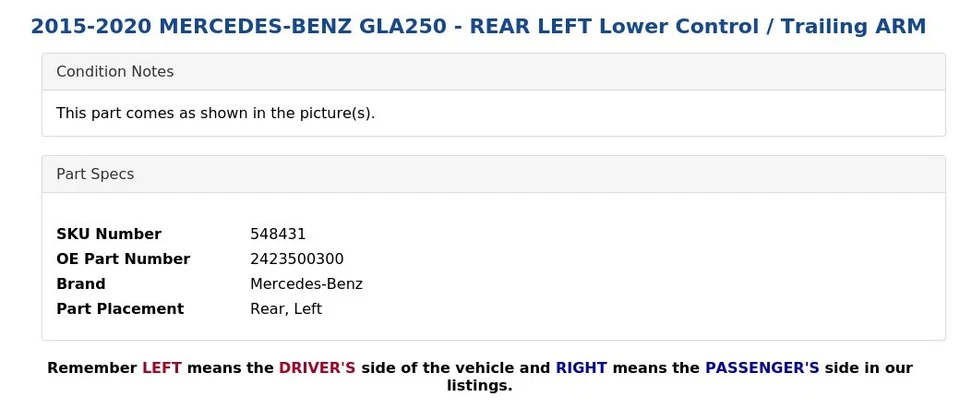 2015-2020 MERCEDES-BENZ GLA250 — ЗАДНИЙ ЛЕВЫЙ нижний рычаг управления / продольный рычаг - Изображение 3 из 4