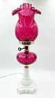 Vintage Fenton Cranberry Thumbprint & Milk Glass Base Ruffled Top Table Lamp 22"
