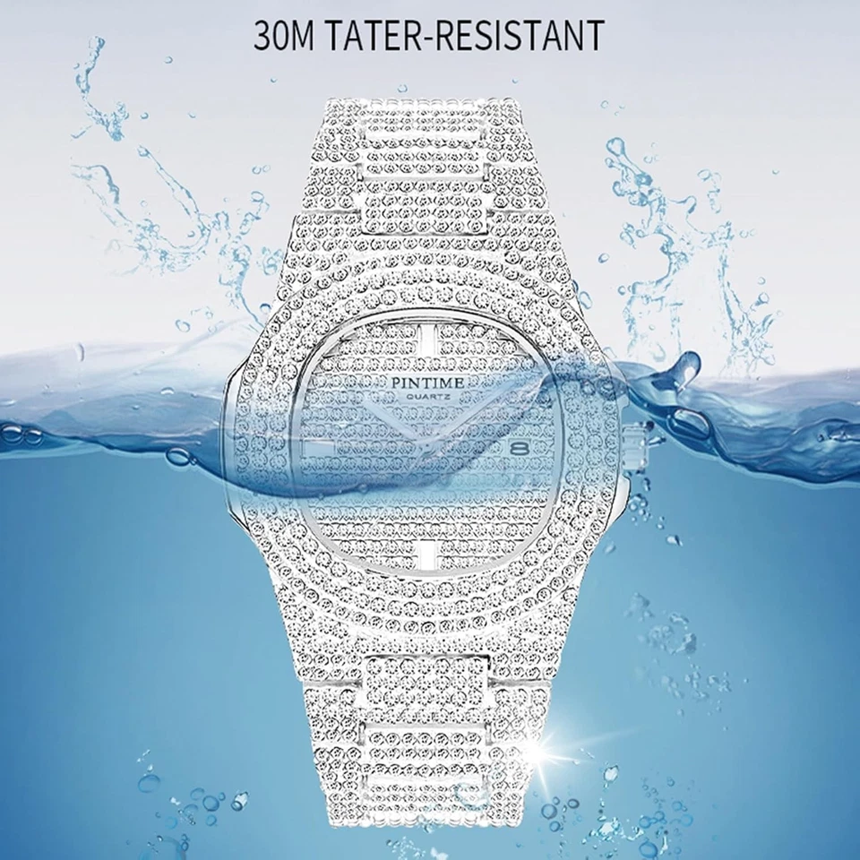 Relojes de lujo unisex de cristal con diamantes cara grande para mujer y hombre de cuarzo plateado  Foto 2 de 4