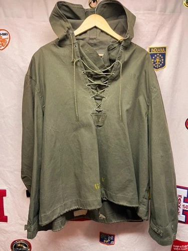 Vtg USN Navy Deck Pullover Parka Hooded Jacket Olive Large WWII Military Anorak