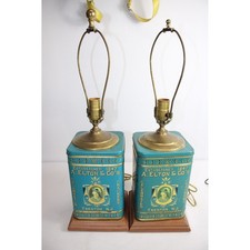 Vintage A Elton & Co Crackers Flour Tin Lamps Set Teal Gold Brass Trenton NJ
