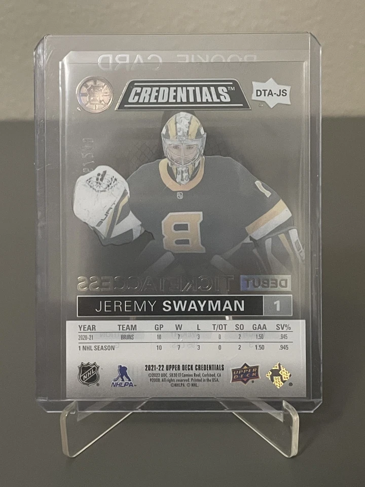 2021-22 UD Credentials Jeremy Swayman Debut Ticket Access Acetate DTA-JS /249 - Image 2 of 2