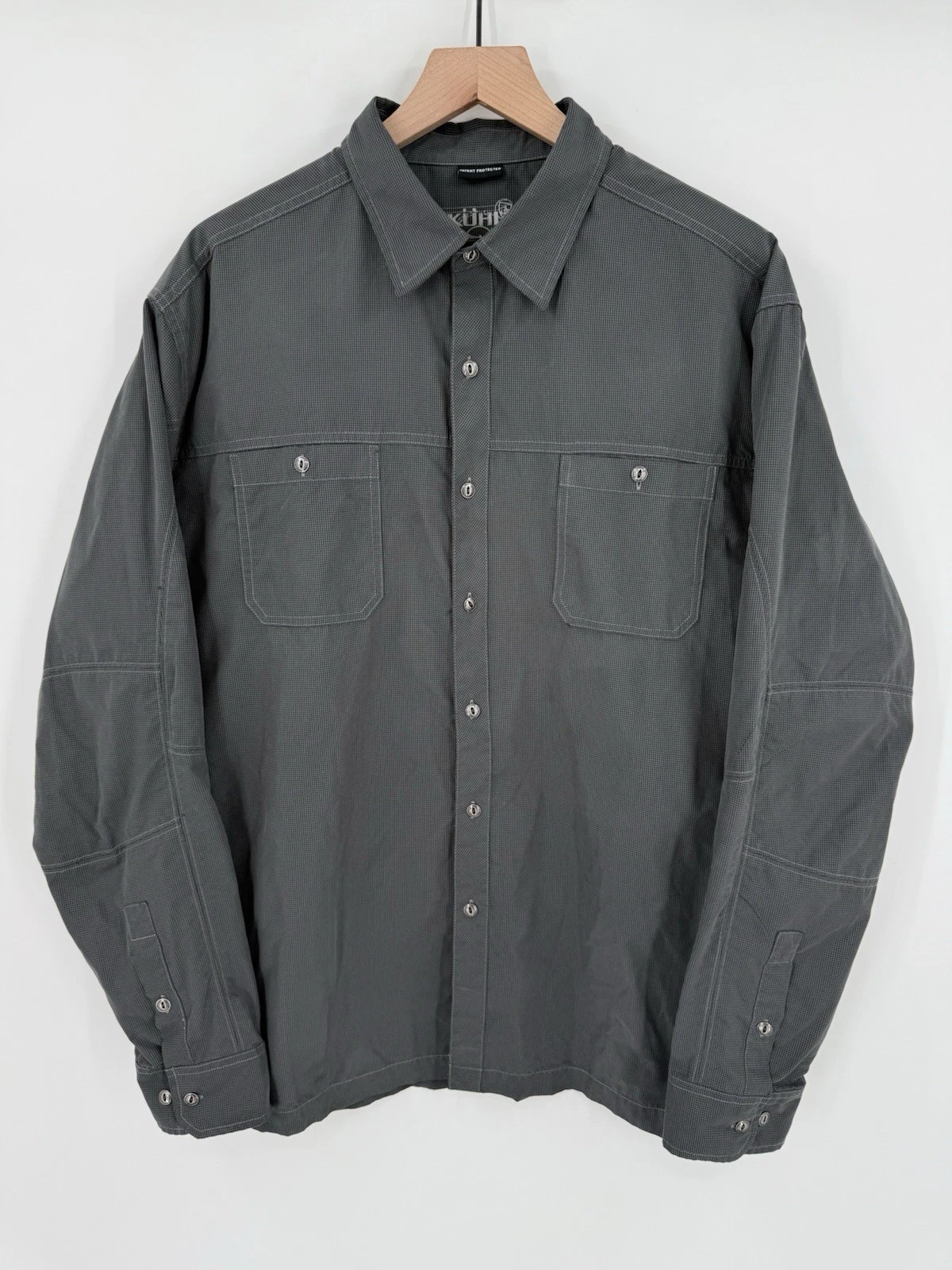 Kuhl Eluxur Shirt Mens XL Gray Check Long Sleeve 5 Panel Hiking Camping Fishing