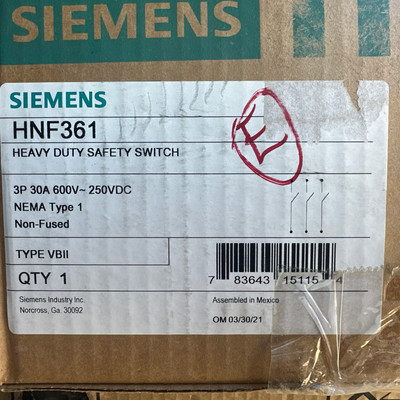  Siemens HNF361 Heavy Duty Non-Fused Safety Switch 30 Amp 600V 3P Nema 1 