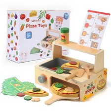 50PCS Wooden Pizza Toy, Pizza Counter Playset with Bake Oven, Kitchen Play Fo...