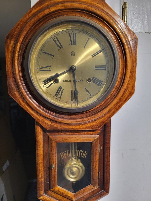 Vintage Regulator A Wall Clock. Golden House. Key & Pendulum. Estate Find. Works