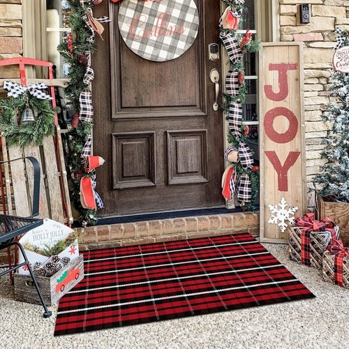 Christmas Red Buffalo Plaid Door Mats Outdoor 2'X3', Cotton Front Door Rug Ma... - Picture 8 of 9