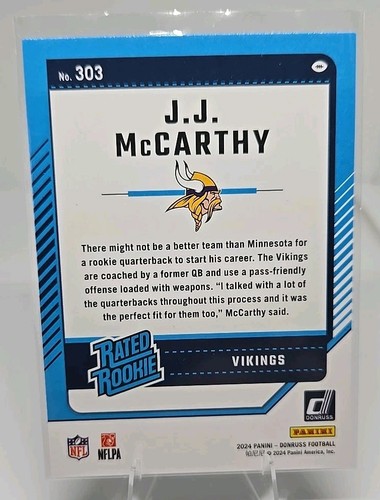 2024 Rated Rookie J.J. McCarthy Panini Donruss No.303 QB Minnesota Vikings RC - Picture 2 of 2