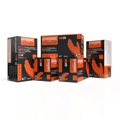 GLOVEWORKS Orange Nitrile Work Gloves, 8 Mil Disposable Heavy Duty, Raised Di...