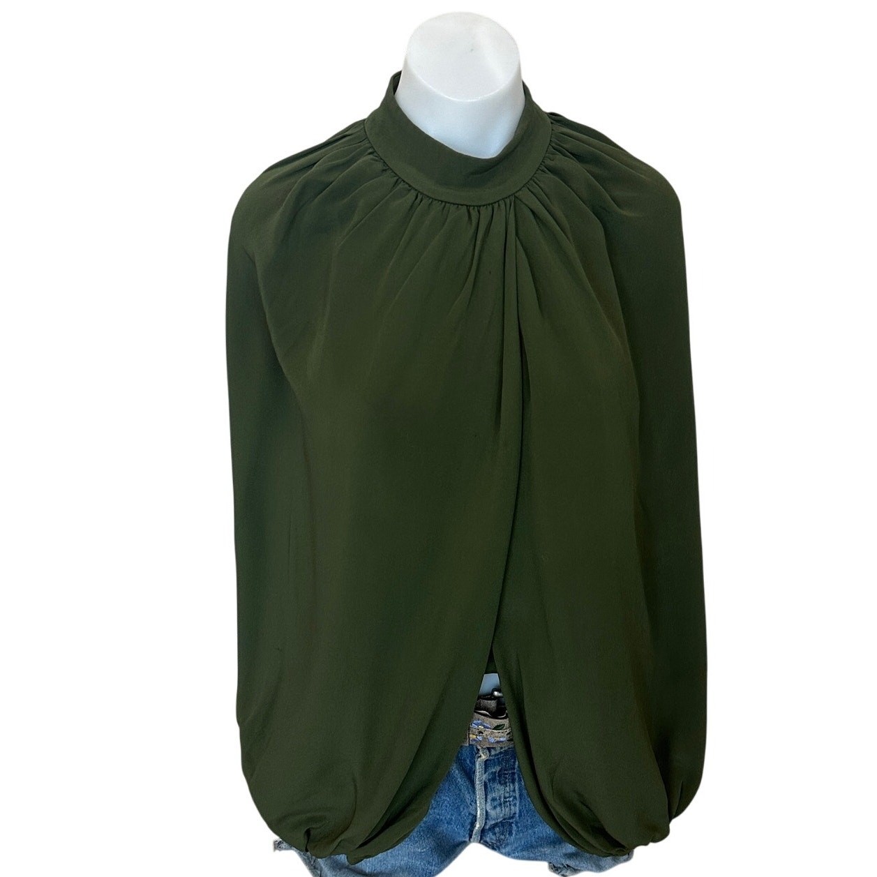 CO Olive Green Wrap Top MEDIUM Balloon Sleeve Career Mockneck Silk Designer $895