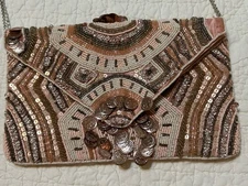 Clements Ribeiro Clutch Purse Chain Strap Pink Sequined Beaded Coins Converts