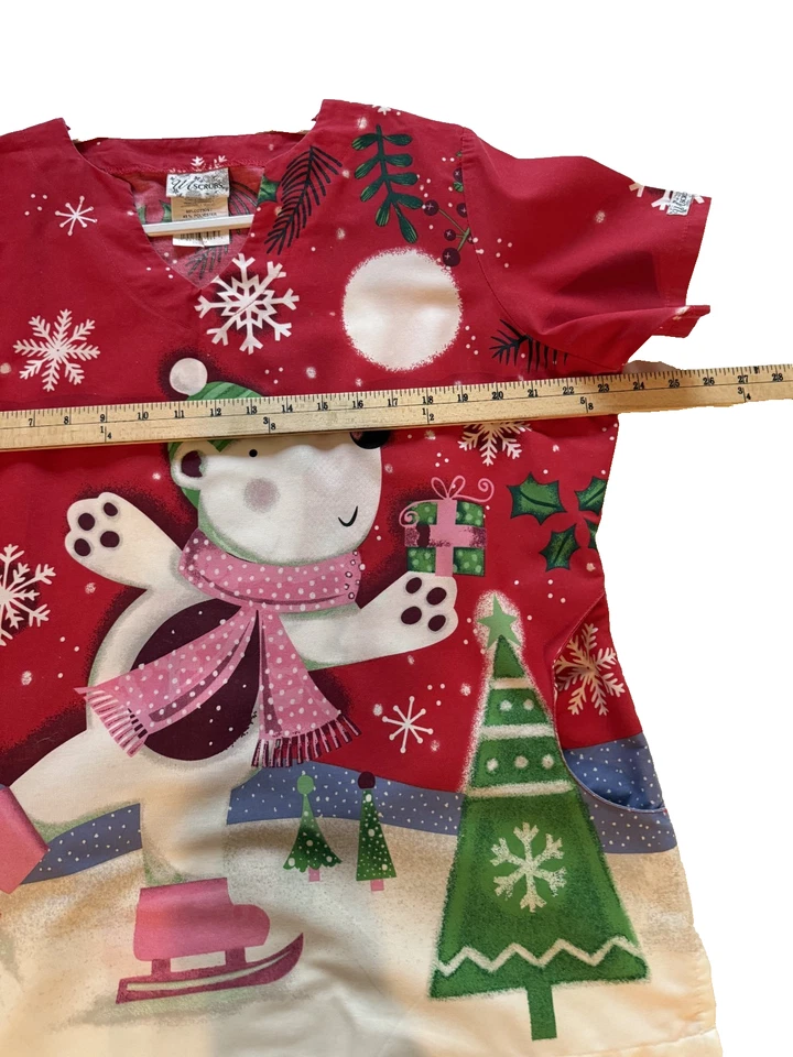 UNIFORM CHRISTMAS SCRUB TOP UA SCRUBS POLAR BEAR SKATING/CHRISTMAS TREE (G-16) - Image 2 of 4