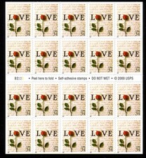 #3497a. 34 CENT LOVE. PL# B2222. SELF-ADHESIVE PANE. F- VF NH. BCV $33.50