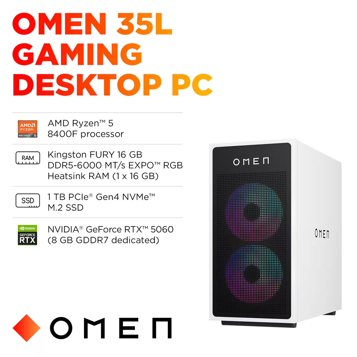 HP OMEN - 35L Gaming Desktop - AMD Ryzen 5 8400F 2024 - 16GB DDR5 