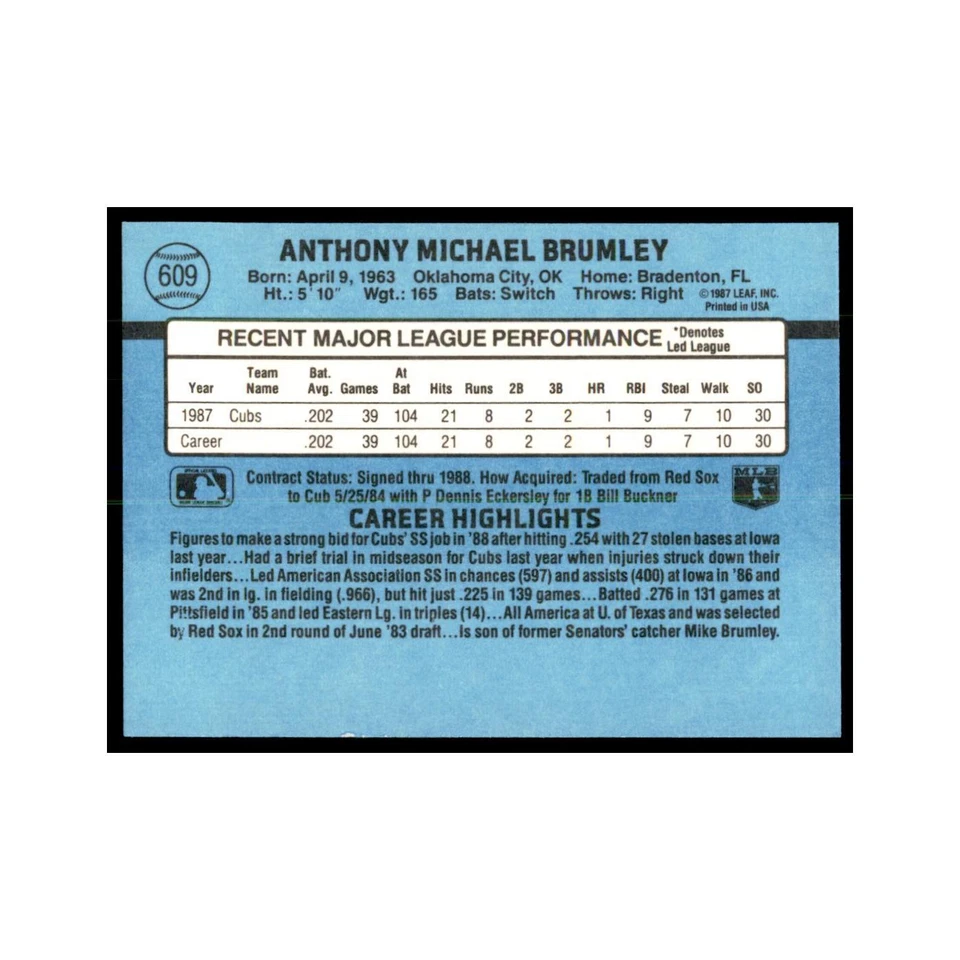 1988 Donruss Mike Brumley RC Baseball Cards #609 - Image 2 of 3